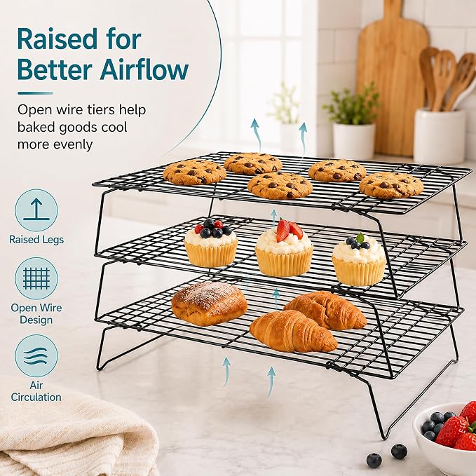 Kingrol 6-Piece Stackable Cooling Racks for Baking, Two 3-Tier Sets | Nonstick-Coated Steel, Foldable Legs, Stacked or Separate Use, Ideal for Cookies, Cupcakes, Pastries, Pies, and Cake Layers