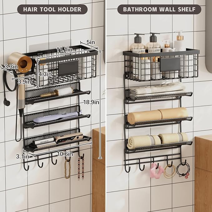 Magheo Hair Dryer Holder Wall Mounted, Adheisve Hair Styling Tool Organizer for hair Brush/Appliance Wall Mount with 5 Tier Shelf Basket Hooks Blow Dryer and Straightener Holder for Bathroom(Black)