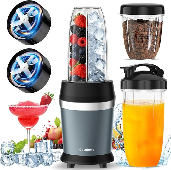 Colarlemo 1200W Smoothie Blender, Personal Kitchen Blender, Ice Crushing | 25000 RPM, Dishwasher Safe, 12Pcs, 6-Leaf Blade×2, 3 Cup Sizes, Smoothie Maker Grinder Frozen Drinks Nuts, Ash Blue