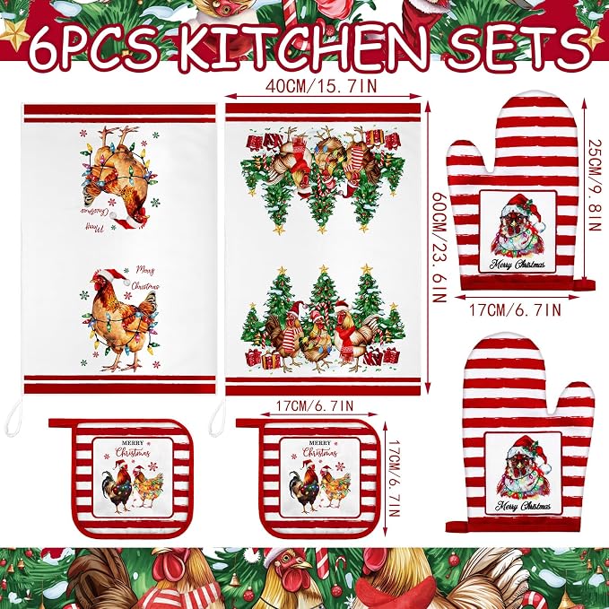 Leinuosen 6 Christmas Chicken Farmhouse Kitchen Decor Dish Towels Oven Mitts and Pot Holders Sets Chicken Kitchen Towels Absorbent Decorative Accessories for Cooking Baking Grilling