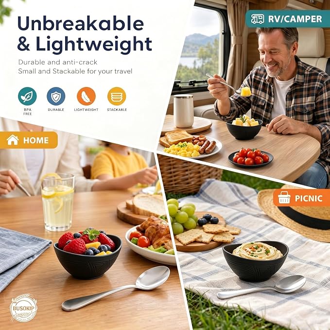 10oz Small Bowls, Unbreakable Wheat Straw Bowls Set of 6, Mini Bowl for Breakfast, Snack, Dessert, Salsa, Microwave Safe Plastic Bowls for Party, Camping, Picnic - Black