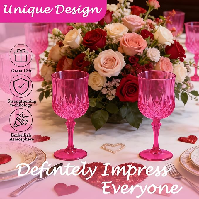 48Pack Plastic Wine Glasses, 7oz Vintage Goblets for Wedding | Unbreakable Crystal Style Reusable Stemware, Elegant Hot Pink Drinking Glass for Party Anniversary & Holiday Celebration