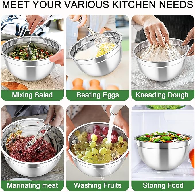 TeamFar Mixing Bowls with Lids, 5PCS Stainless Steel Metal Salad Bowl | with lids & 3 Grater Attachments, for Cooking/Prepping/Serving, Airtight Lids & Easy Clean - 0.7/1/1.5/2.6/4.6QT, Khaki