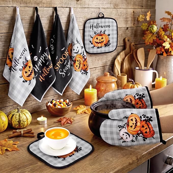 Fanfanwin 10 Pcs Halloween Pumpkin Kitchen Decor and Accessories Set Kitchen Towels Rugs Pot Holders Oven Mitts Set Halloween Decorations for Cooking Baking Housewarming Gifts