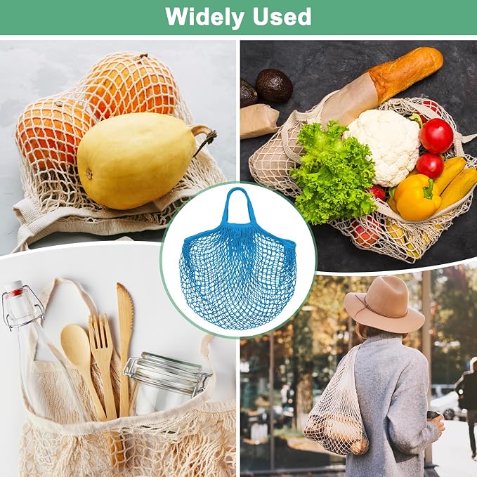 M METERXITY 2-Pack Cotton Mesh Bag, Reusable Washable Mesh Net String Grocery Bags, Reusable Produce Bags with Handle, Net Tote Bag for Fruits/Vegetables Shopping [Blue, Long&Short Handle]