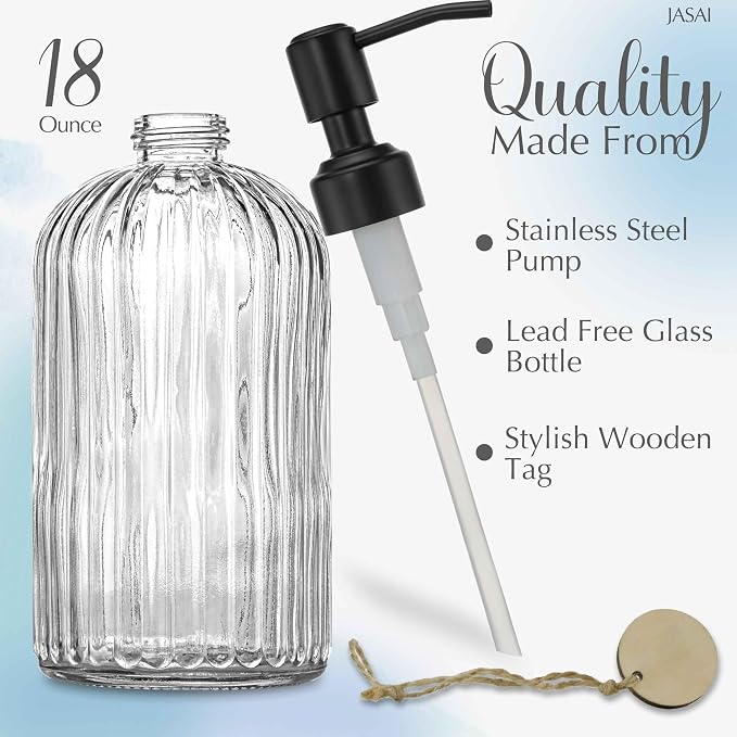 JASAI 18Oz Simple Glass Soap Dispenser with Black Rust Proof Pump. | Refillable Kitchen soap Dispenser with Vertical Stripe, Bathroom Soap Dispenser for Dispense Hand soap, Dish Soap, Lotion.
