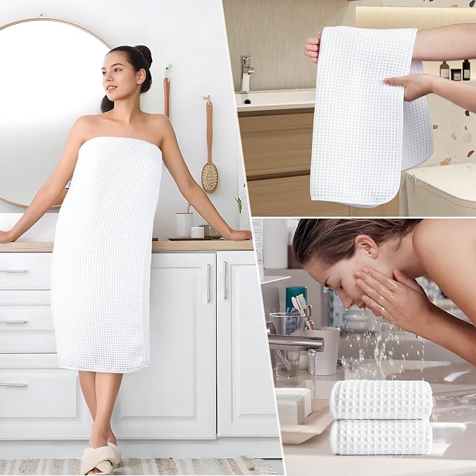 POLYTE 430 GSM Poly Blend Microfiber Quick Dry Waffle Bath Towel Set of 6 | 2-Body Towels, 2-Hand Towels, 2-Wash cloths, Oversize, Lint Free