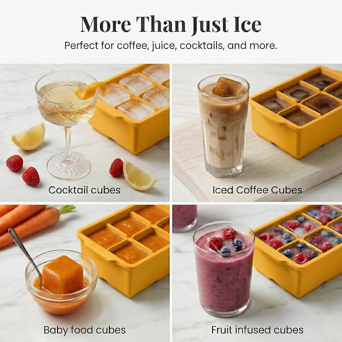 KitchFort® Large Silicone Ice Cube Tray (3-Pack) - 2" Big Ice Mold with Lid | Easy Release, Cocktail, Whiskey Ice Cubes Mold - Food Grade - Ice Cube Trays for Freezer - Stackable Silicone Ice Tray
