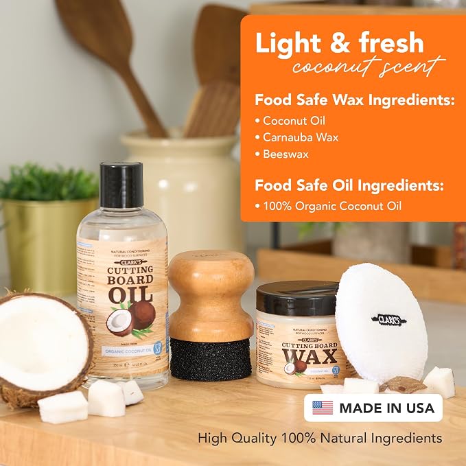 CLARK'S Food Grade Cutting Board Care Kit, Coconut Scent - 4 Pack | Includes Organic Coconut Oil, Cutting Board Wax, Oil & Wax Applicator & Buffing Pad For Butcher Blocks & Countertops