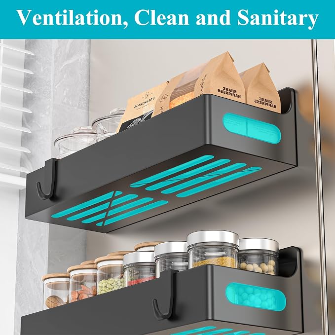 Black Magnetic Spice Rack for Refrigerator, 4 Pack | Kitchen Magnetic Shelf for Fridge, Spice Organizer and Storage, Baby Bottle Holder for Fridge, Magnetic Tea Bag Organizer