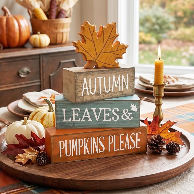 Lineshading 4 Pcs Fall Decorations For Home Wooden Maple Leaf Thanksgiving | Rustic Fall Table Centerpiece with Maple Leaf, Stacked Leaves Pumpkins Signs, Seasonal Harvest Theme, Sunflower Accents
