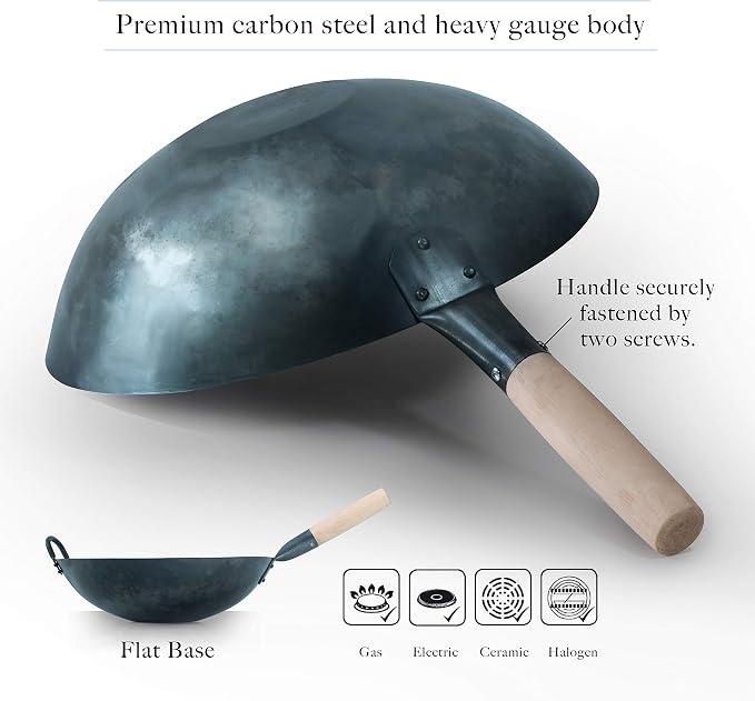 Pre Seasoned Blue Carbon Steel Flat Bottom Wok -14 Inch Chinese Pow Wok - Traditionally Hand Hammered Woks and Stir Fry Pans