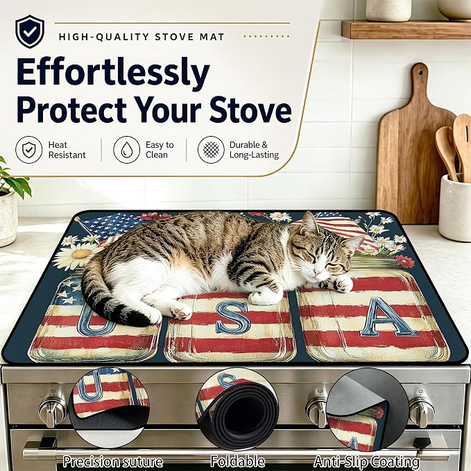 Patriotic Electric Stove Top Cover | Heat Resistant Glass Cooktop Protector for Kitchen Ceramic Countertops, Multiuse Stove Cover and Dish Drying Mat