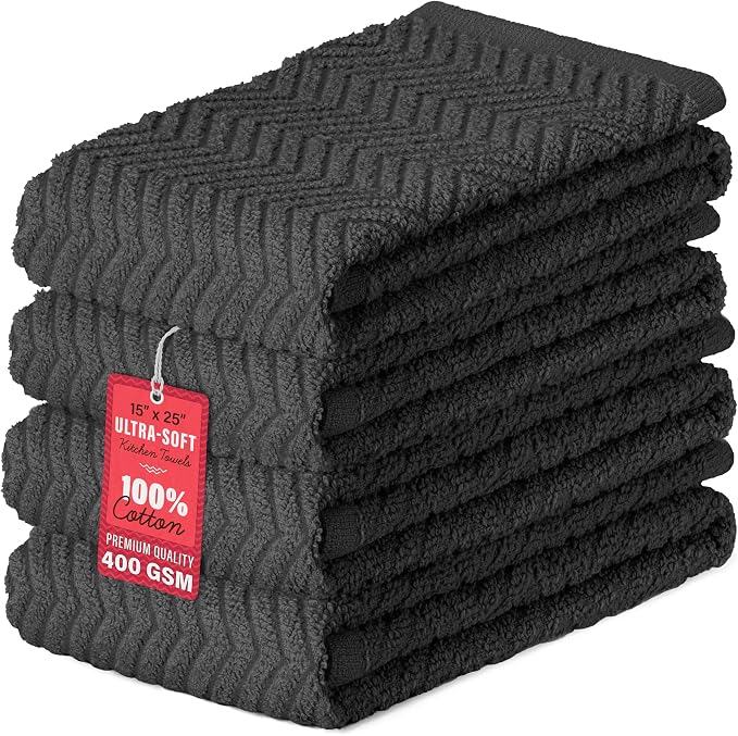 100% Cotton Kitchen Towels 15x25 in, Dark Grey Set (Pack of 4)