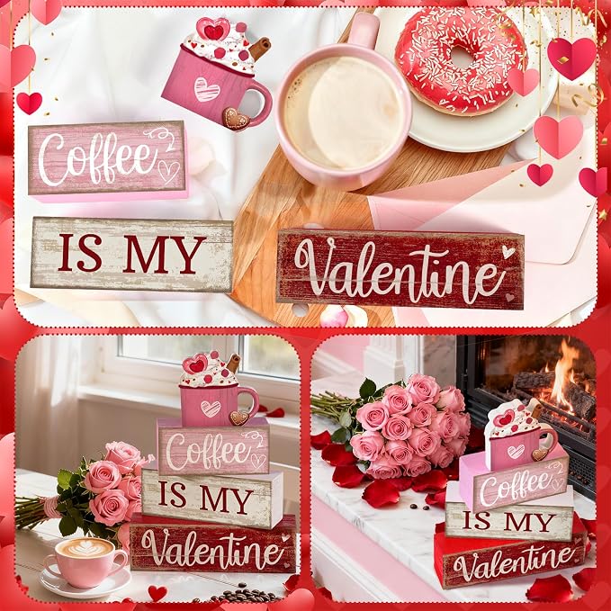 Lineshading 4 Pcs Valentine Coffee Wood Block Signs, Tiered Tray Decor | Rustic Farmhouse Stackable Blocks, Distressed Wood Finish, 3D Mug Topper, Kitchen Coffee Bar Tabletop Centerpiece