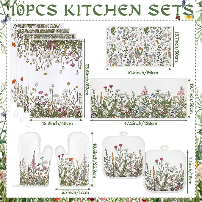 Fanfanwin 10 Pcs Wildflower Kitchen Decor Set Floral Kitchen Towels and Rugs Pot Holders Oven Mitts Spring Dishcloths Fast Drying Decorative Set for Baking Cooking Gift