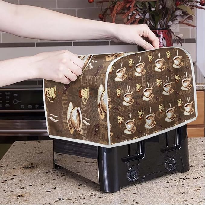 Coffee Print Two Slice Toaster Cover, Kitchen Small Appliance Covers Home Table Decoration Microwave Oven Dustproof Cover Keep From Dirty Stain, Brown