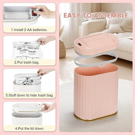 ELPHECO Motion Sensor Bathroom Trash Can with Lid 2 Gal Automatic Trash Can | Butterfly Lid, Room Decor Bathroom Accessories, Motion Sensor Wastebasket Garbage Can, Kitchen Living Room Office, Pink Gold