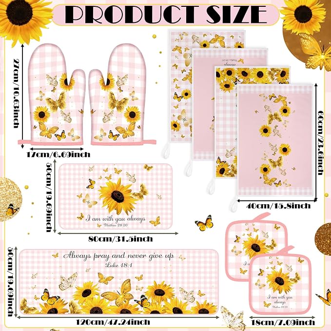 Fourluoo 10 Pcs Sunflower Kitchen Decor and Accessories Pink Kitchen Towels Rugs Oven Mitts and Pot Holders Set Sunflower Decorations Set for Cooking Baking Grilling Mom Gift Home