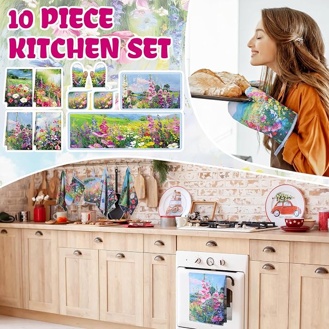 Fourluoo 10 Pcs Spring Kitchen Decor Sets Oil Painting Kitchen Towels Pot Holders Oven Mitts Floral Non Slip Rugs and Mats for Floor Home Accessories Cooking Baking Grilling