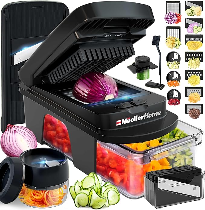 MUELLER HOME ULTIMATE 12 Blade Vegetable Chopper & Mandoline Slicer | Spiralizer, Dicer, Grater, Kitchen Essentials & Accessories, Black