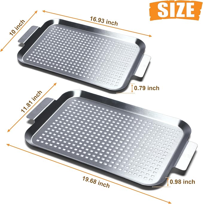 Grill Pan Set of 2, BBQ Grill Topper for Outdoor Grill Food Tray | Stainless Steel Grilling Baskets with Holes and Handles, Perforated Barbecue Accessories for Vegetable, Fish, Extra Large