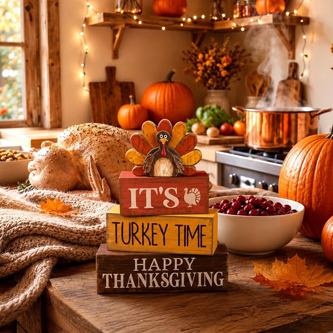 Lineshading 4 Pcs Wooden Turkey Fall Farmhouse Thanksgiving Tabletop Signs | Rustic Tiered Tray Decor, Thanksgiving Turkey Theme Block Signs, Farmhouse Home Table Centerpiece, Wooden Rustic Gift Set