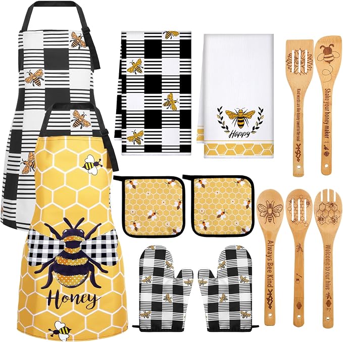 13 Pcs Bee Kitchen Decor Accessories Kitchen Apron Dish Towels Oven Mitts and Pot Holders Cute Wooden Spoons for Bee Festival Farmhouse Home Decoration Housewarming Gifts