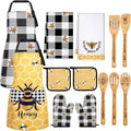 13 Pcs Bee Kitchen Decor Accessories Kitchen Apron Dish Towels Oven Mitts and Pot Holders Cute Wooden Spoons for Bee Festival Farmhouse Home Decoration Housewarming Gifts
