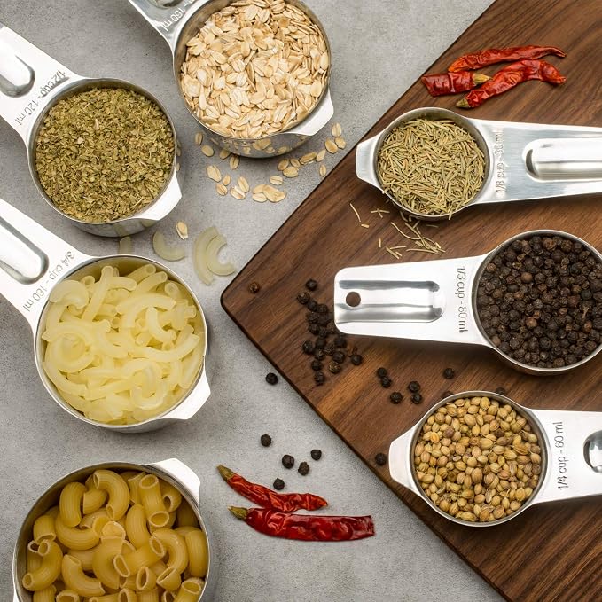 7-Piece 18/8 Stainless Steel Measuring Cups Set, Silver | Includes 1/16, 1/4, 1/3, 1/2, 2/3, 3/4 and 1 Cup, Engraved US and Metric Markings, Pour Spouts and Ring Connector