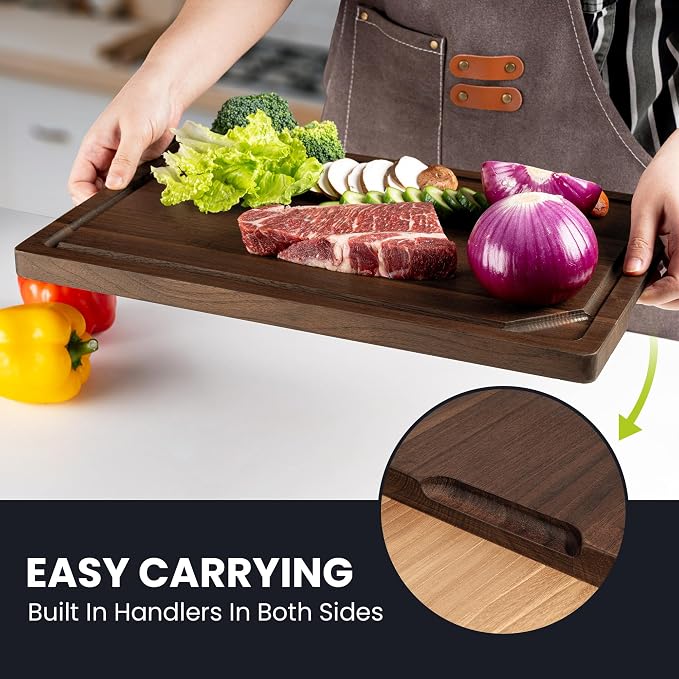 Walnut Wood Cutting Board for Kitchen with Deep Juice Groove & Side Handles, 12”L x 8”W x 0.8”H, Handcrafted North American Black Walnut Wood Grain, Small Chopping Board, Reversible Butcher Block