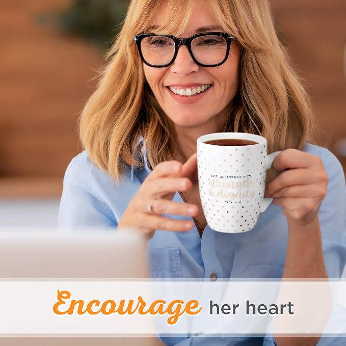 Christian Art Gifts Inspirational Novelty Ceramic Coffee & Tea Scripture Mug for Women: Strength & Dignity Encouraging Bible Verse Proverb, Gold Polka Dots, Lead & Cadmium-free Non-toxic Cup, 12 oz.