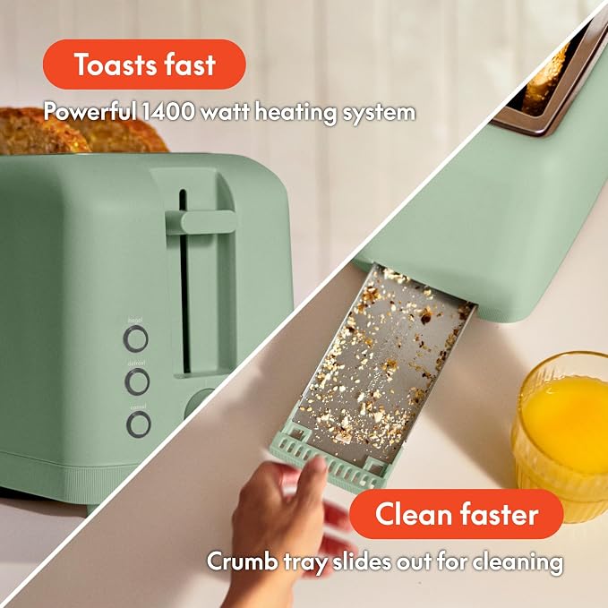 bella Fits-Anywhere™ Slim Toaster, 4 Slice Extra Long & Wide Slot, Seaglass