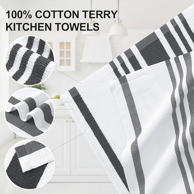 Homaxy Premium Cotton Stripe Kitchen Towels 12 Pack, 18"x 28", Black | Large 380 GSM Kitchen Hand Towels, Soft Terry Dish Towels, Highly Absorbent Tea Towel Set with Hanging Loop