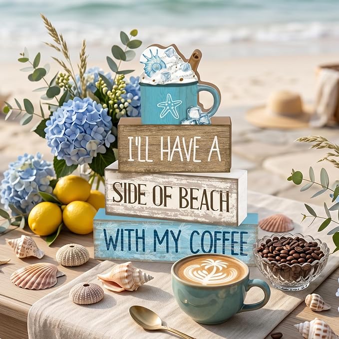 Lineshading 4 Pcs Beach Coastal Wooden Block Signs with Coffee Cup Summer | Blue Rustic Wood Signs Starfish Mug, Tiered Tray Coffee Bar Table Decor, Beachy Nautical Centerpieces for Home Office