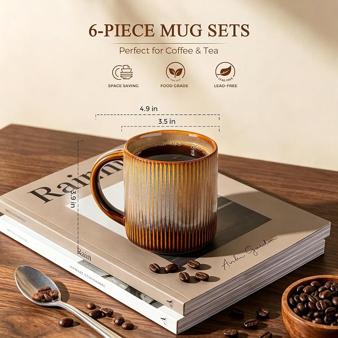 theterra Ceramic Coffee Mugs Set of 6, 14.2 oz Coffee Cups with Handle | Handmade, Suitable for Latte, Tea, Milk, Beer & Hot Cocoa, Creamy Amber