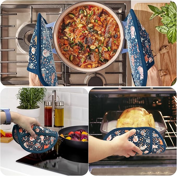 Pot Holders with Transparent Clear Silicone Shell and Nice Cat Flower | Potholders Cotton Lining Set of 2, Heat Resistant to 500 F Kitchen Oven Gloves for Cooking (Navy Cat, Potholders)
