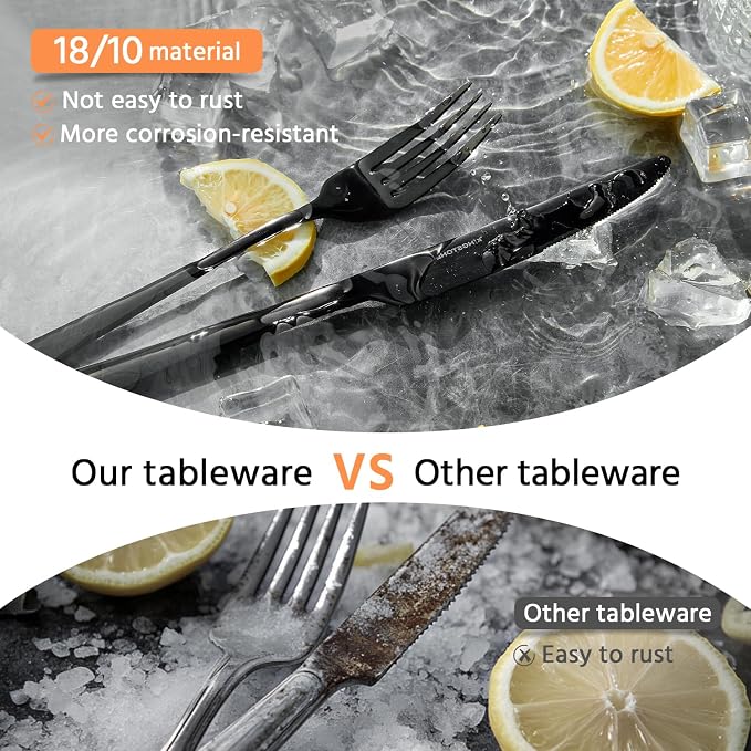 18/10 Flatware set for 4, 20 Piece Black Stainless Steel Silverware Set | KINGSTONE Forged Flatware Cutlery Set, Mirror Polished Knives Fork and Spoon Utensils, Dishwaher Safe for Home Wedding Party