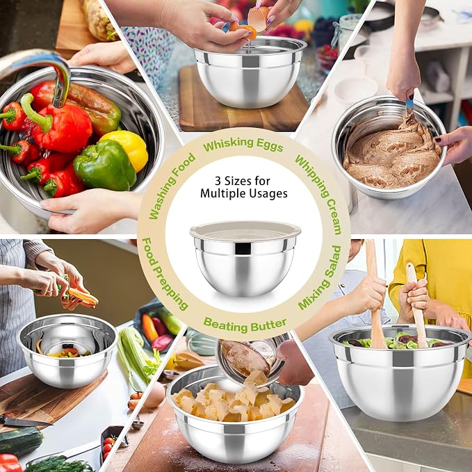 P&P CHEF Stainless Steel Mixing Bowls with Lids, Set of 3, Khaki | Nesting Salad Bowl, Sturdy& Rust Proof, Airtight & Stackable, Suit for Mixing, Storing, Prepping, 3 Size - 4.6/3 /1.5 QT