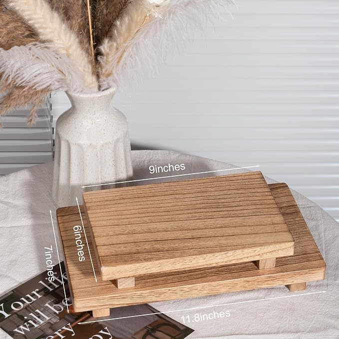 Wood Bathroom Tray Farmhouse Decor Kitchen Soap Holder, 11.8"x7" Brown | Waterproof, Lightweight, Easy Clean, Small Wooden Riser Pedestal Stand Accessories for Office Desk, Vanity, Counter, Sink