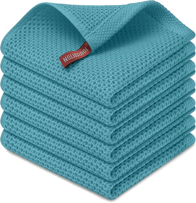 Kitinjoy 100% Cotton Waffle 6-Pack Kitchen Towels, 12" x 12", Lake Blue | Ultra Absorbent, Super Soft, lightweight, Quick Drying Dish Rags for Washing Dishes
