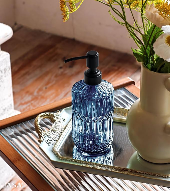 JASAI 18 Oz Blue Soap Dispenser with Black Rust Proof Pump | Refillable Bathroom Soap Dispenser with Thick Glass, Kitchen Soap Dispenser for Hand Soap, Dish Soap, Lotion.(Blue)