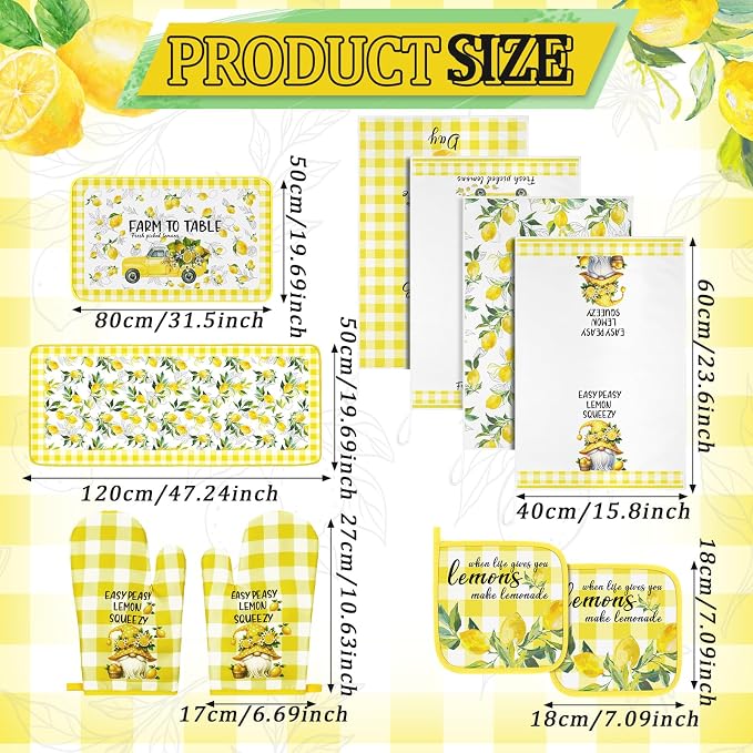 Fourluoo 10 Pcs Lemon Kitchen Decor Set Kitchen Towels and Rugs Oven Mitts and Pot Holders Set for Women Mom Gift Cooking Baking Grilling