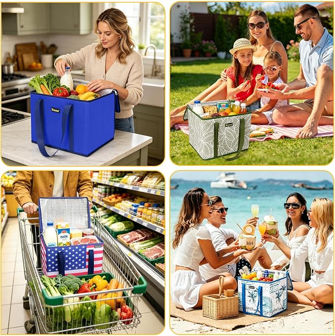 BALEINE 1PK Insulated Reusable Grocery Bag, Heavy Duty Shopping Tote | Foam & Foil Insulation, 9" Long Handles, Reinforced Bottom Keeps Upright, Fold Flat Storage, Water-Resistant Shopping Bag