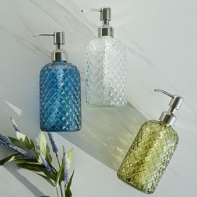 JASAI 18Oz Gem Patterned Clear Glass Soap Dispenser with Rust Proof Pump | Refillable Hand soap Dispenser for Kitchen, Premium Bathroom Soap Dispenser for Dish Soap, Hand soap, Lotion(Clear)