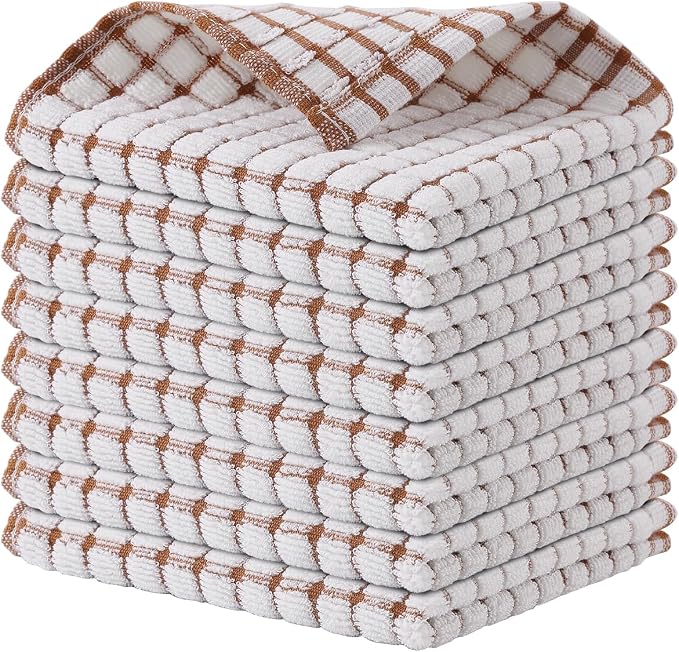 Kitinjoy Cotton 8 Pack Terry Kitchen Dish Cloths, Brown | 12 x 12 Inches Super Soft and Absorbent Dish Rags, Quick Drying Dish towels for Washing Dishes