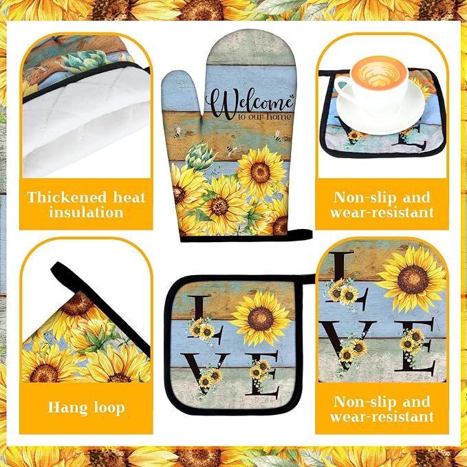 Fourluoo 16 Pcs Sunflower Kitchen Decor Set Kitchen Towels Non Slip Rugs and Mats Oven Mitts Gloves Pot Holders Placemats Curtains for Decor Gift