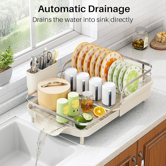 SAYZH Expandable Dish Drying Rack for Small Kitchen Counter, Beige | Stainless Steel, Protective Guardrail, Angled Drainboard, Fits High-Rim Sinks, Removable Utensil Holder