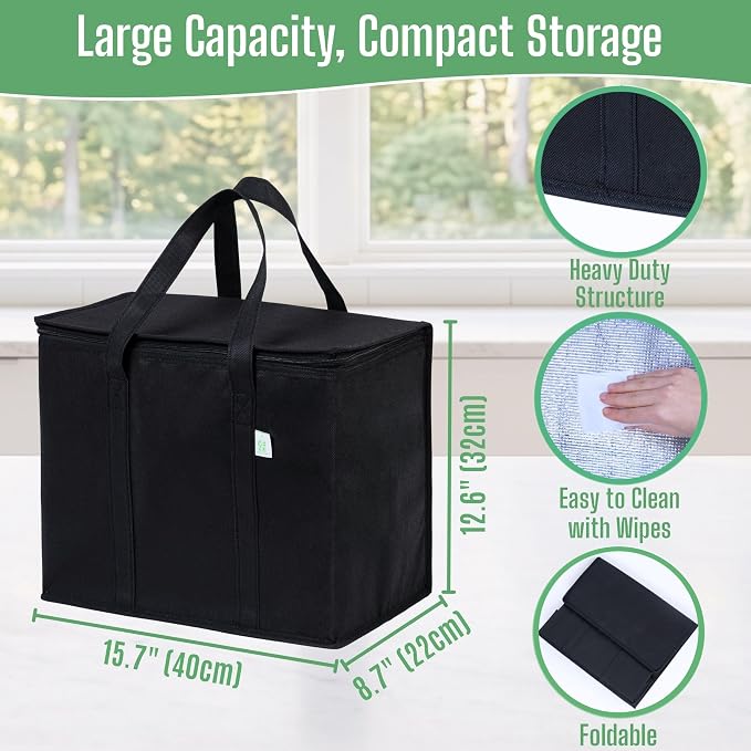VENO 2 Pack Cooler Bag Insulated Grocery Bags for Food Delivery Heavy Duty | Large Collapsible Cooler, Reusable Shopping Tote w/ Zippers, Foldable, Stands Upright, for Groceries Camping (Black, 2 Pack)