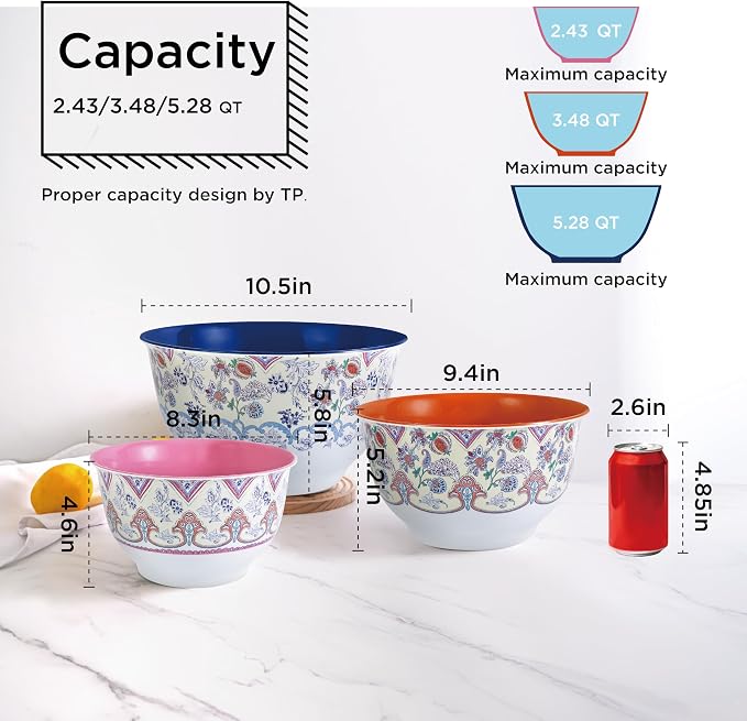TP Melamine Mixing Bowl Set with Lids, Salad Bowl Set of 3, Ottoman Floral | Nesting Design,Break-resistant,Pasta & Salad Prep, Baking Prep, Space-saving Storage, Freezer Safe, Dishwasher Safe